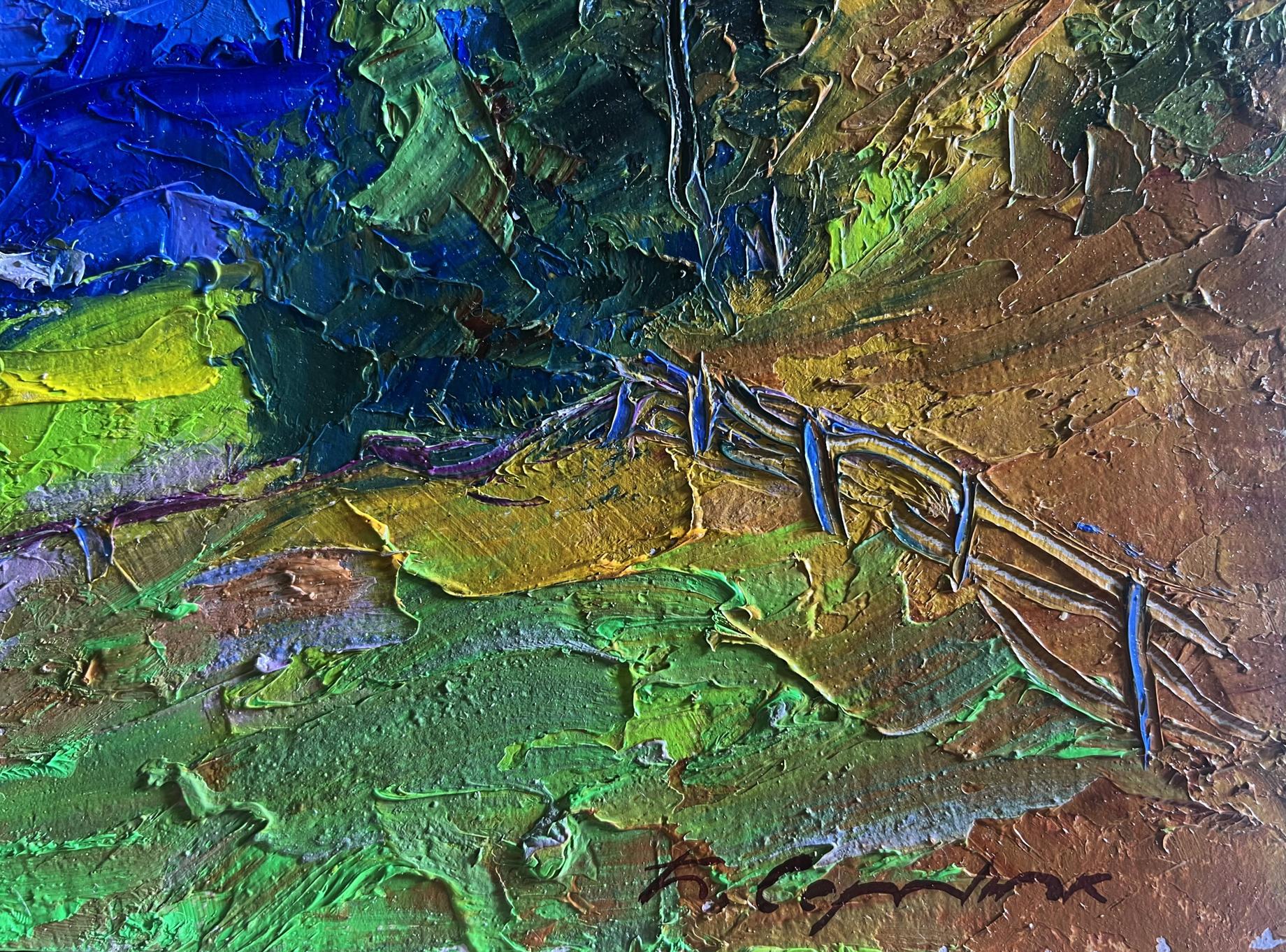 Oil painting of mountain village by Boris Serdyuk with abstract insect figure