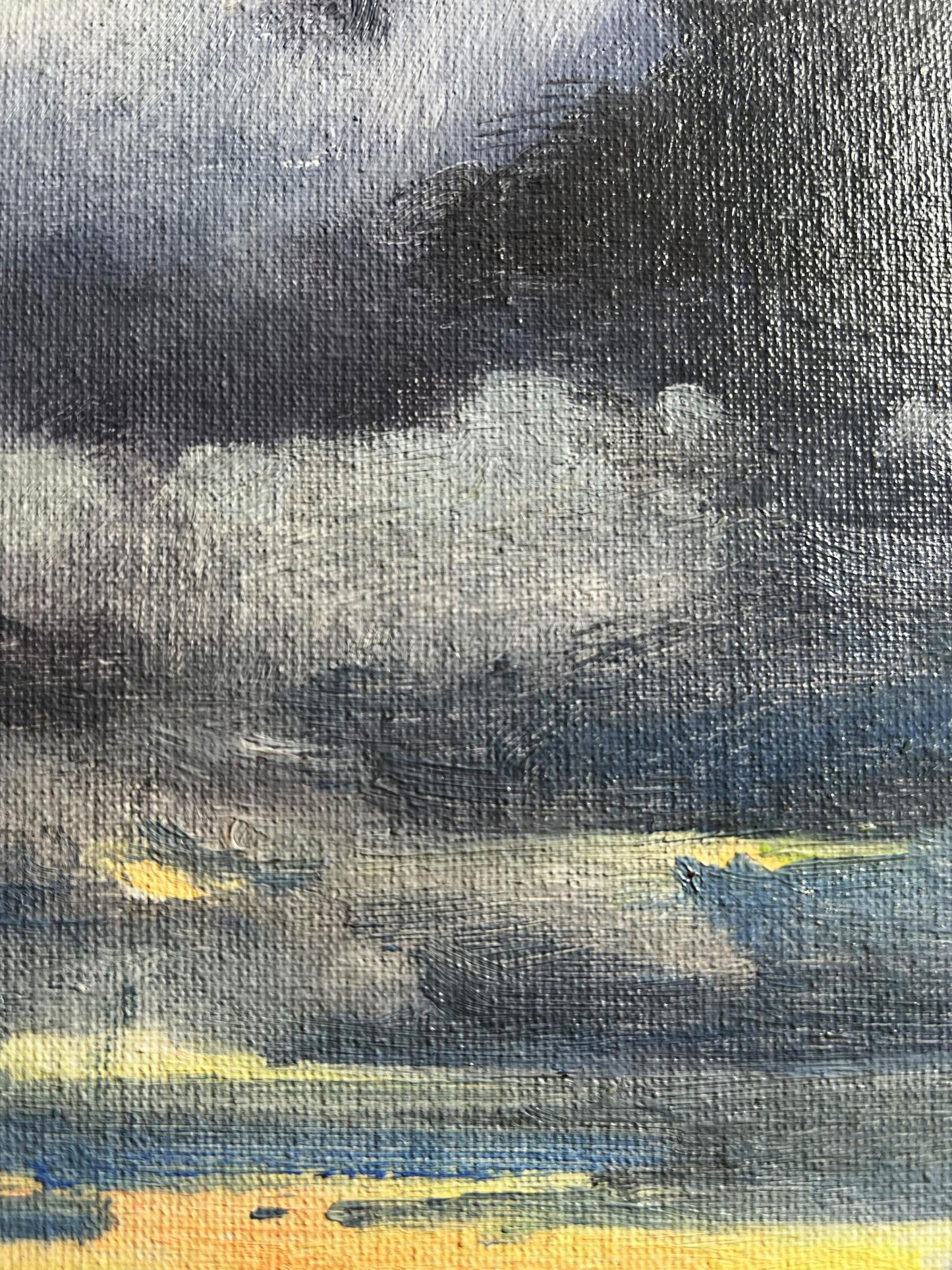 Oil painting Yellow sunset over the city by Tatyana Derdey with dramatic swirling clouds