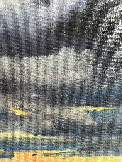 Oil painting Yellow sunset over the city by Tatyana Derdey with dramatic swirling clouds