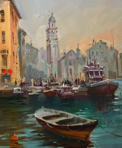 Oil painting of wooden rowboat on calm Venetian waters by Yuriy Suprunchuk