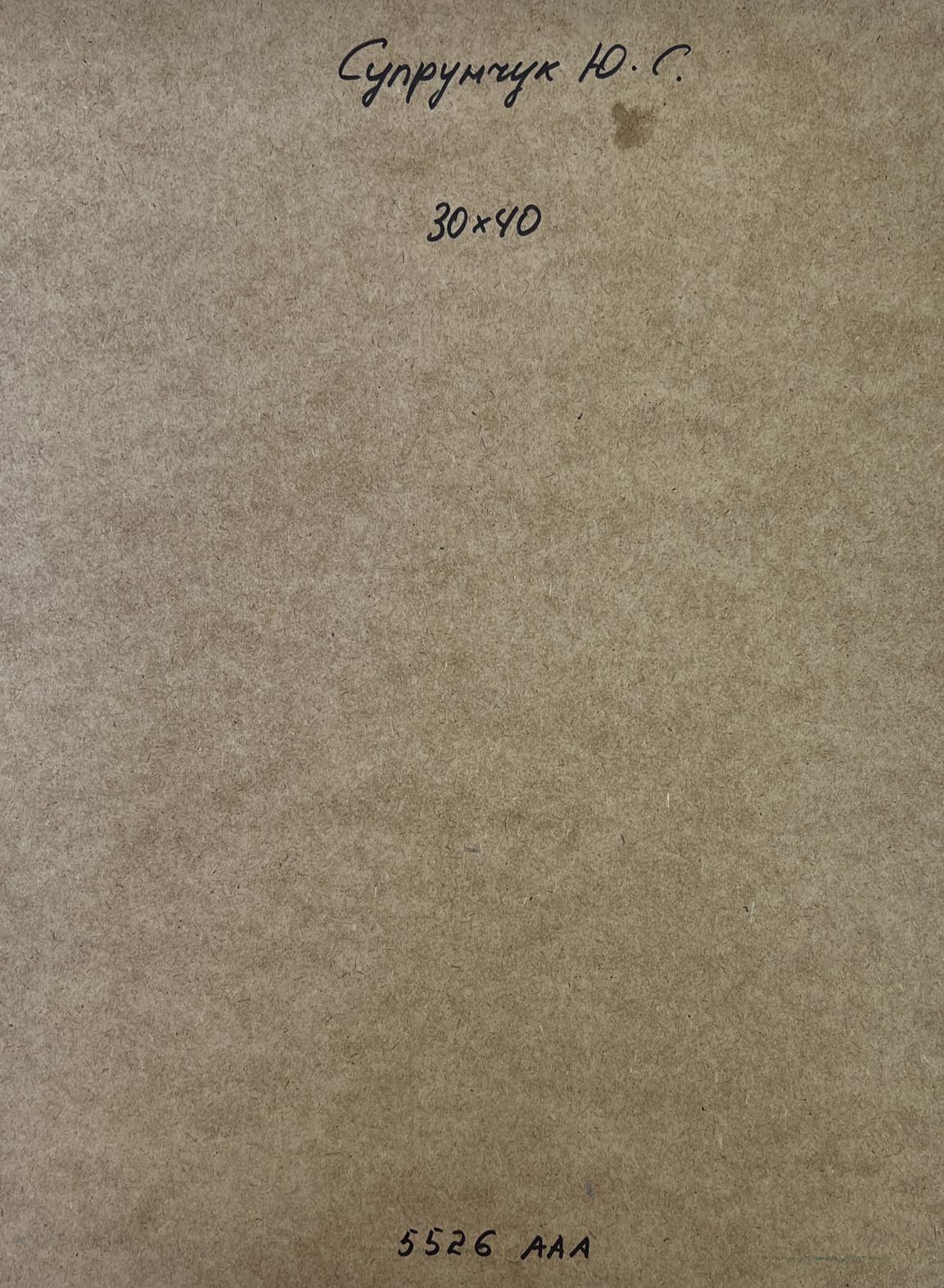 Back of Yuriy Suprunchuk oil painting Bridge connecting city banks on brown textured paper with Cyrillic text and measurements