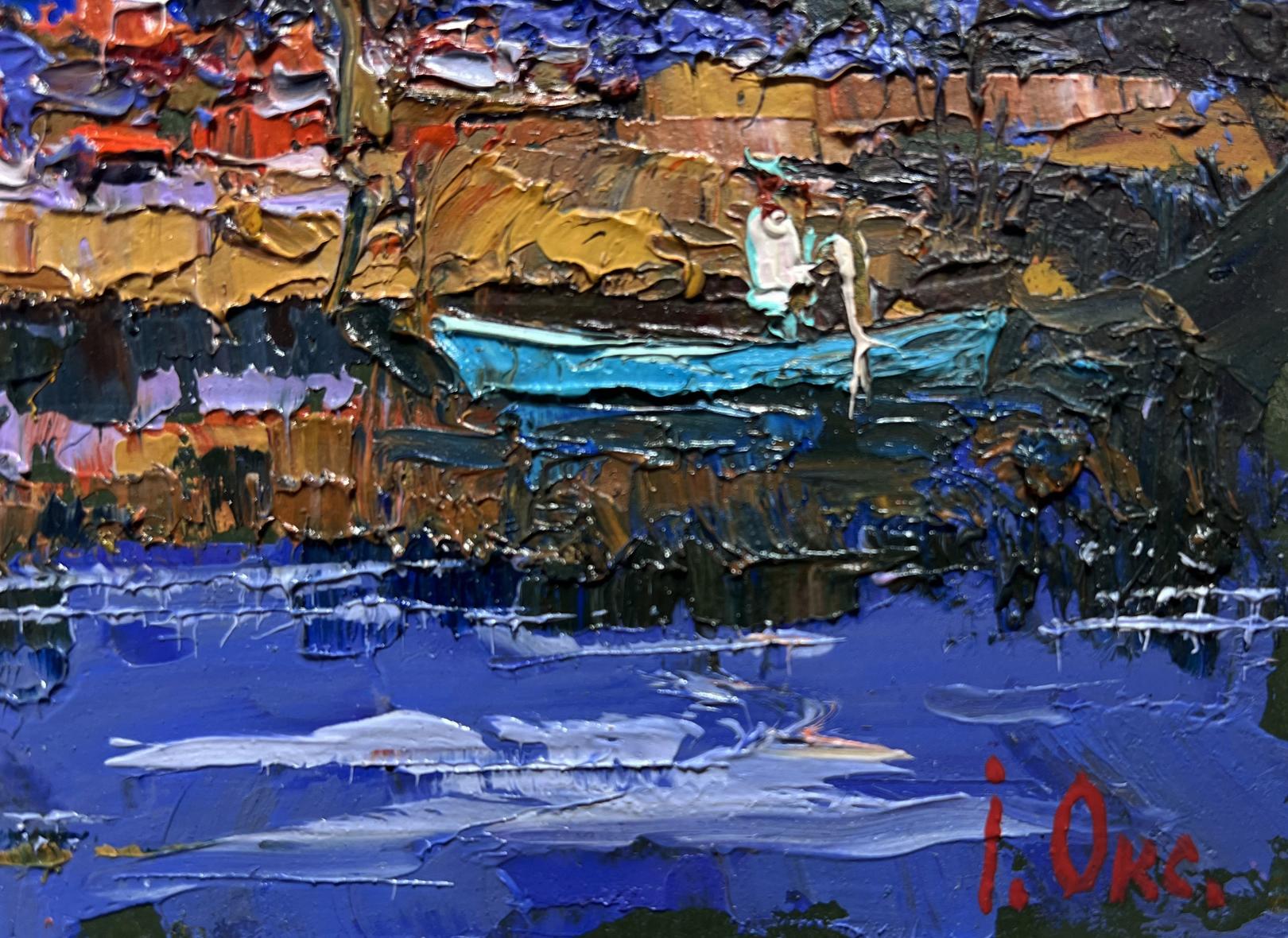 A textured, impressionistic painting featuring a turquoise boat with a white figure on it, set against layered brushstrokes of blue, orange, and brown.