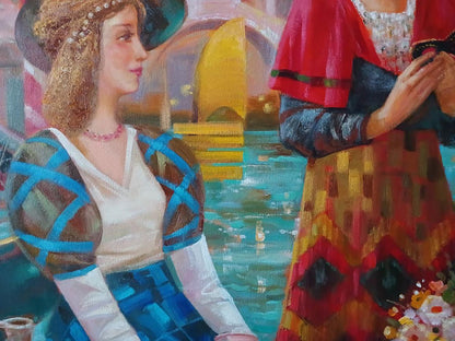 Abstract oil painting Carnival in Venice by Anatoly Tarabanov with woman in white blouse blue skirt pearls