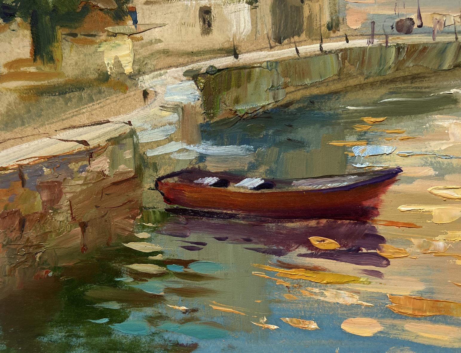 Oil painting of rustic rowboat in orange sunset sea by Yuriy Suprunchuk