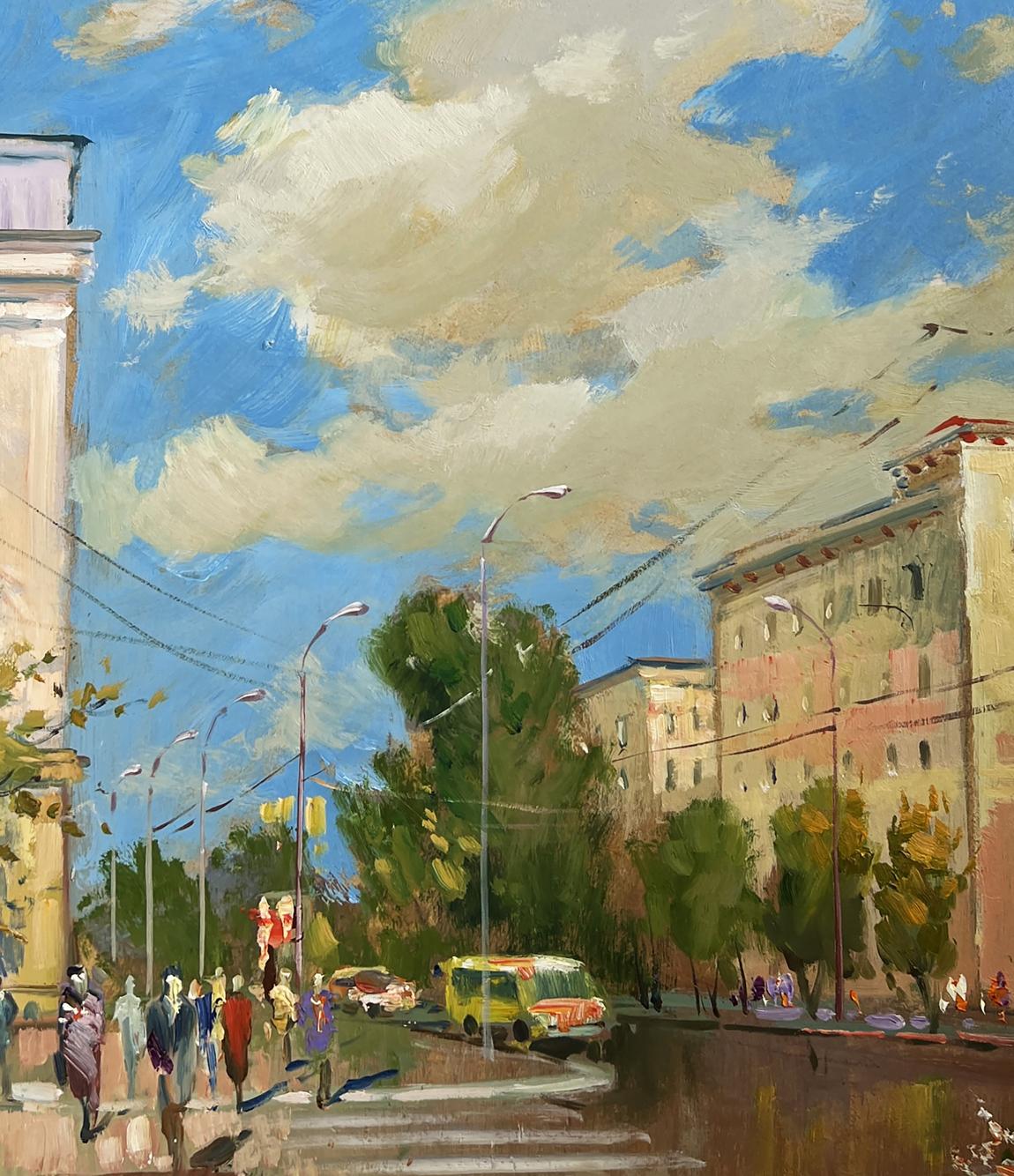 Vibrant yellow orange vintage bus in Yuriy Suprunchuk oil painting Summer rhythm of the city