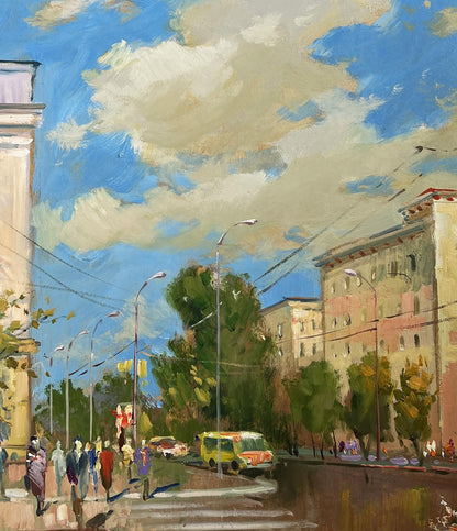 Vibrant yellow orange vintage bus in Yuriy Suprunchuk oil painting Summer rhythm of the city