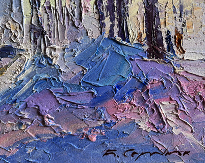 Oil painting After the night snowstorm by Boris Serdyuk, textured blue purple pink brushstrokes