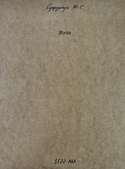 Beige textured fabric sample with dimensions and code for Yuriy Suprunchuk ship oil painting