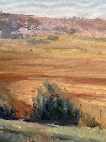 Oil painting Hot day by Tatyana Derdey: serene landscape with orange skies, tree silhouettes