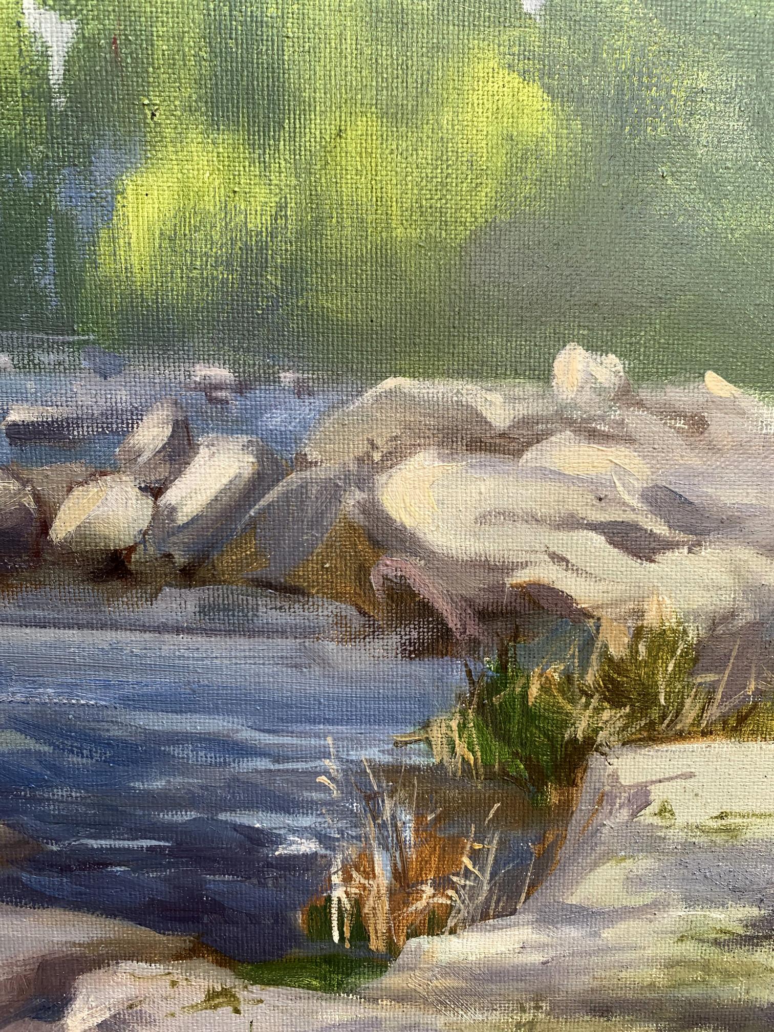 Oil painting Threshold to a dream by Tatyana Derdey: serene river with mossy rocks