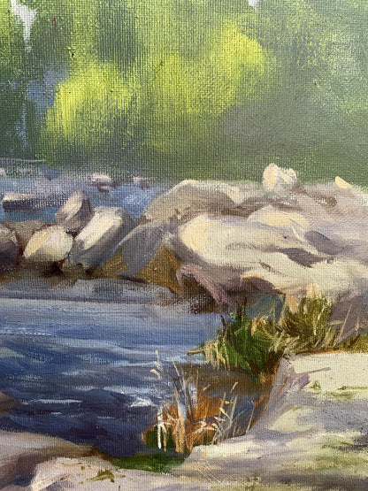 Oil painting Threshold to a dream by Tatyana Derdey: serene river with mossy rocks