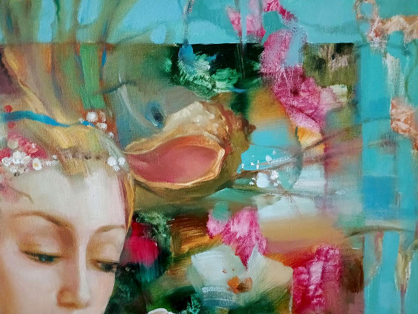 Abstract oil painting White rose Anatoly Tarabanov with womans vibrant floral face