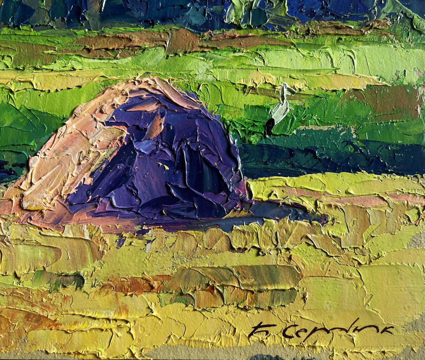 Impasto oil painting The storks have arrived by Boris Serdyuk purple rock formation