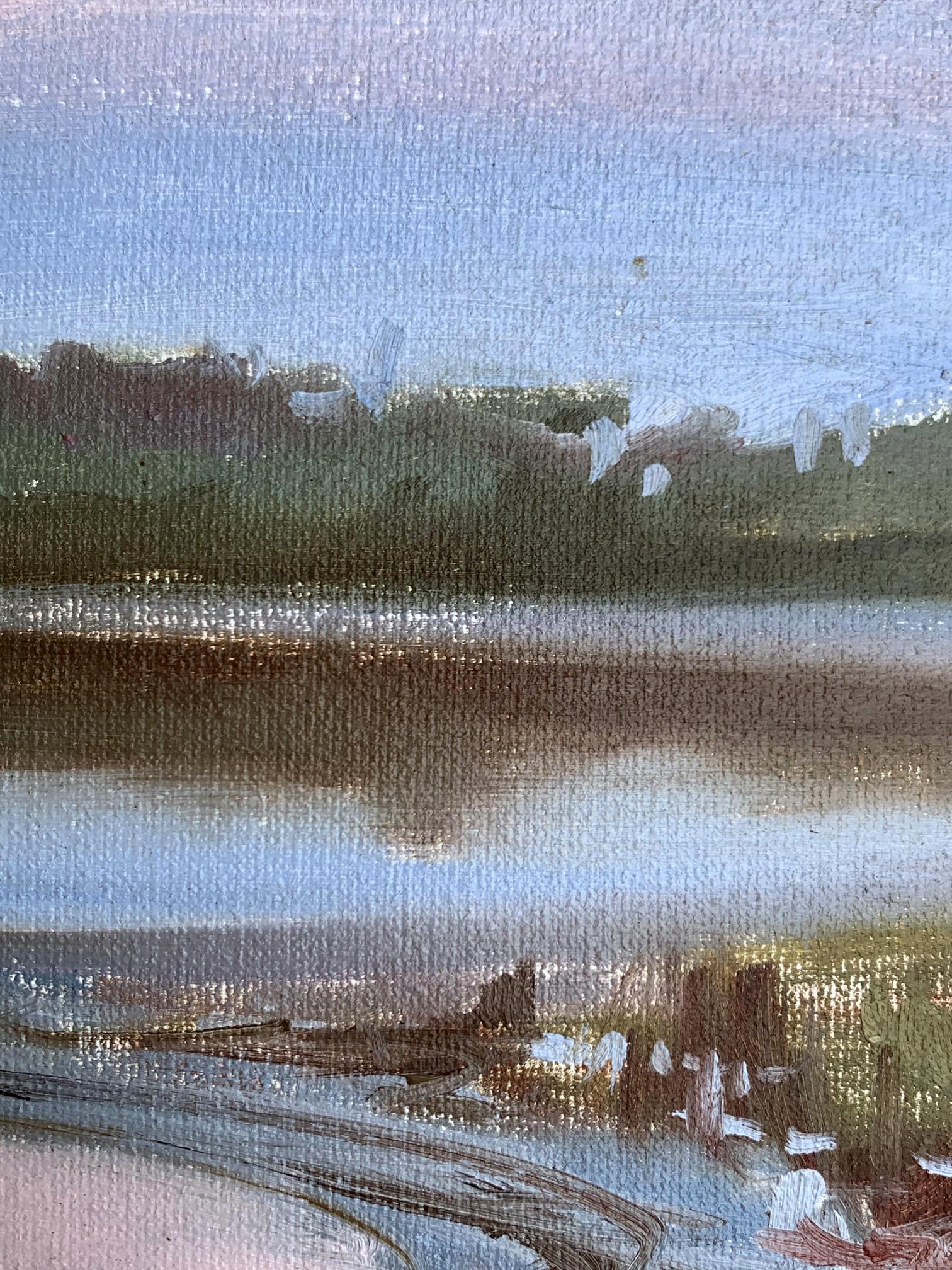Oil painting of flooded river bank lakeside by Tatyana Derdey