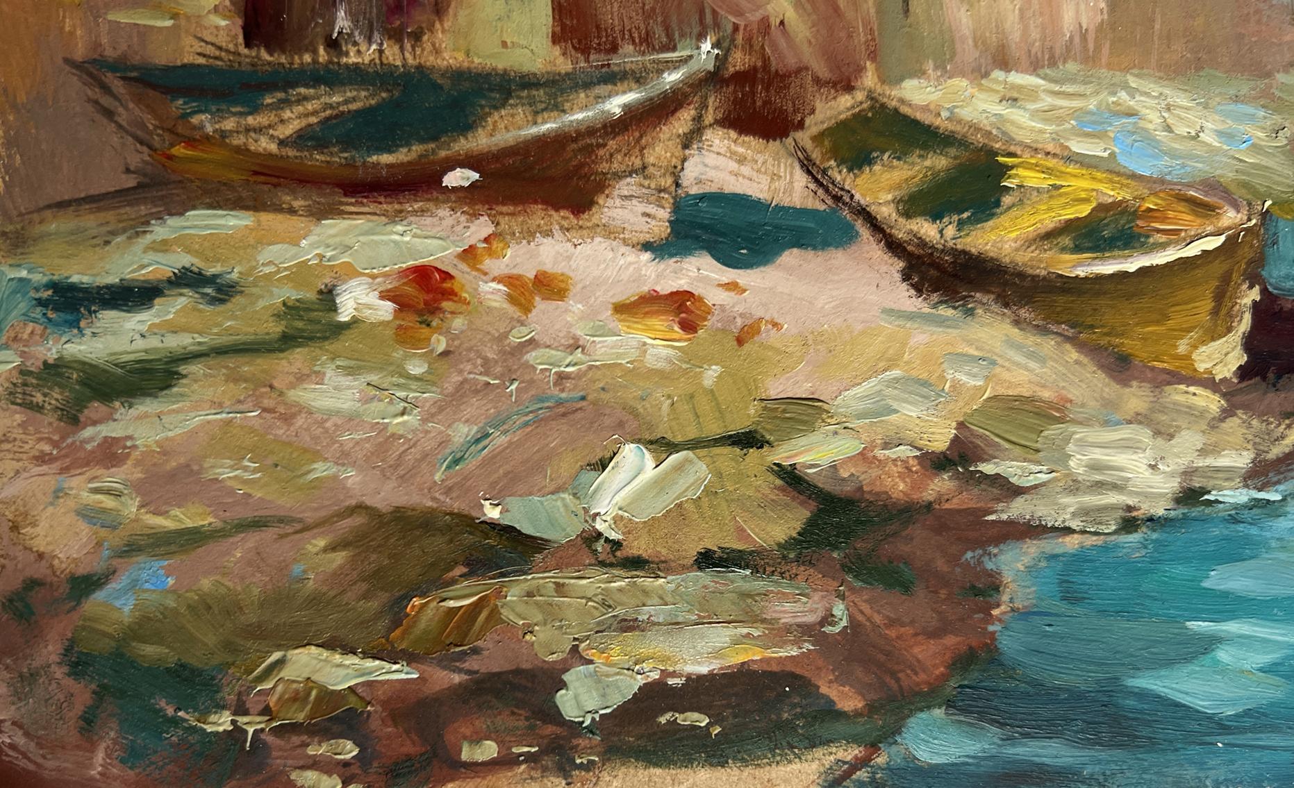 Impressionistic oil painting of city boats by sea by Yuriy Suprunchuk
