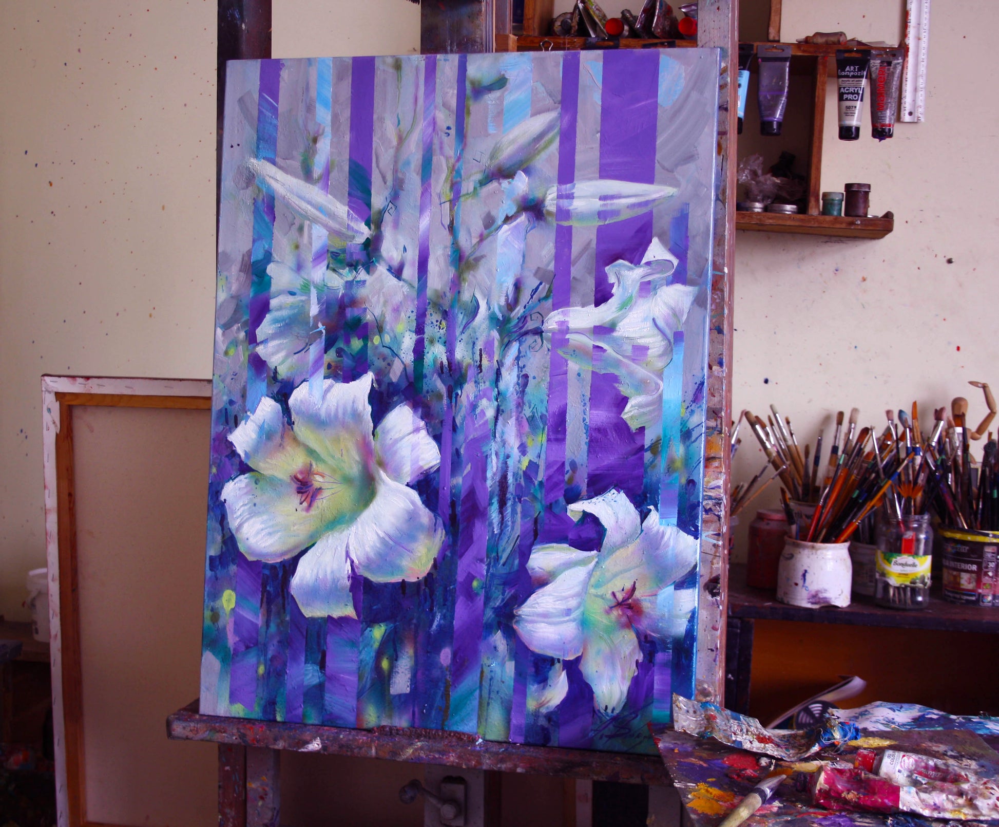 Oil painting White morning by Alexander Dobrodiy with lilies on easel