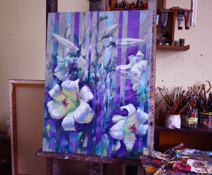 Oil painting White morning by Alexander Dobrodiy with lilies on easel