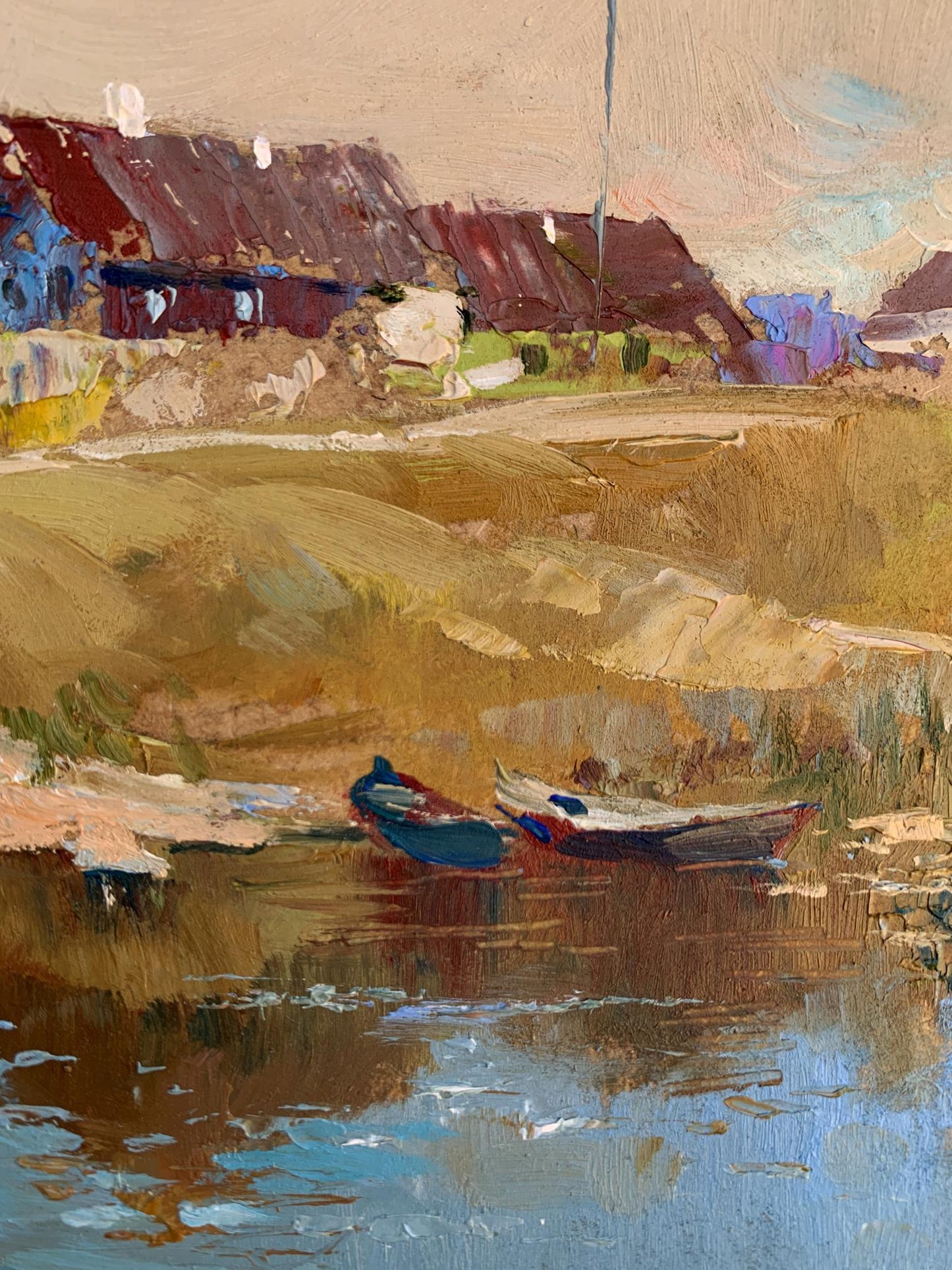 Oil painting by Yuriy Suprunchuk: two small boats on calm village water