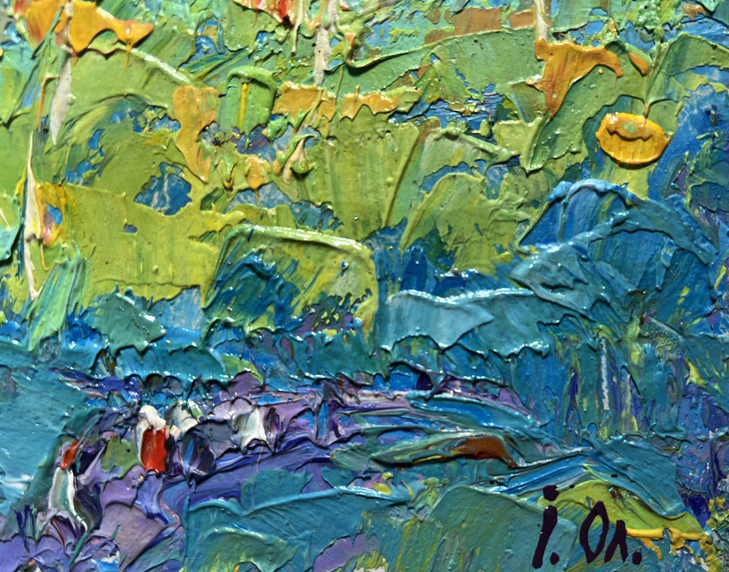 Oil painting Early autumn has come by Oksana Ivanyuk textured green blue yellow