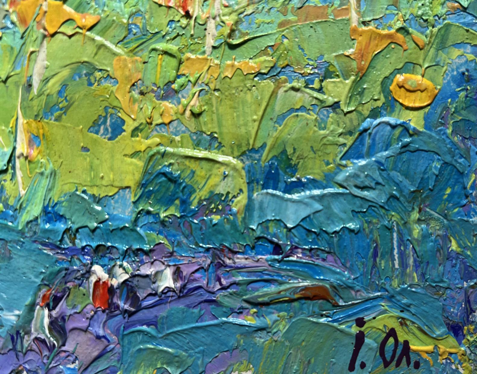 Oil painting Early autumn has come by Oksana Ivanyuk textured green blue yellow