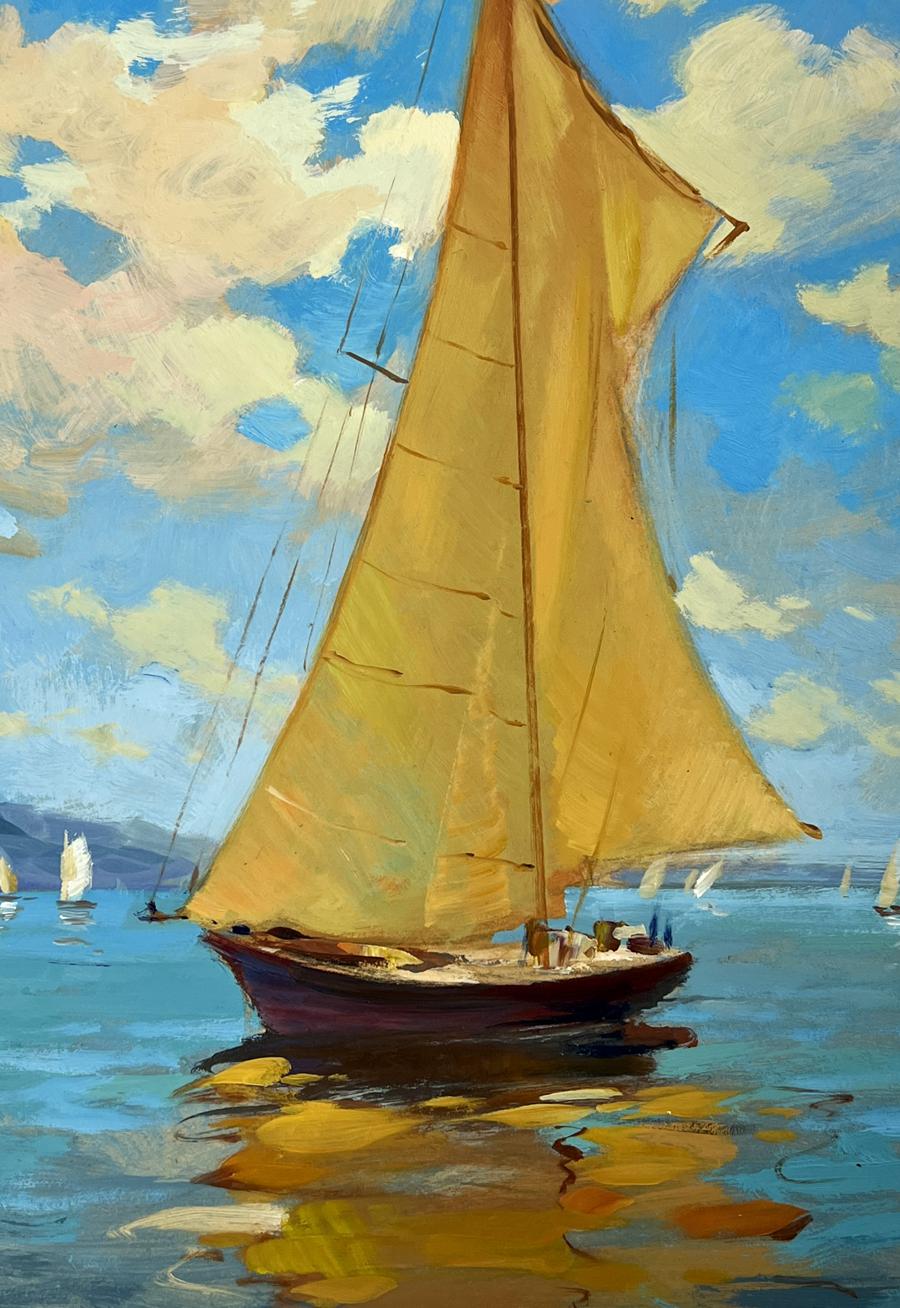 Oil painting Towards the Wind by Yuriy Suprunchuk: sailboat gliding on calm blue waters