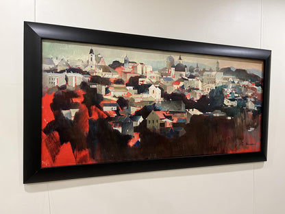 Black-framed abstract cityscape oil painting Panorama of Chernivtsi by Bohdan Makarenko