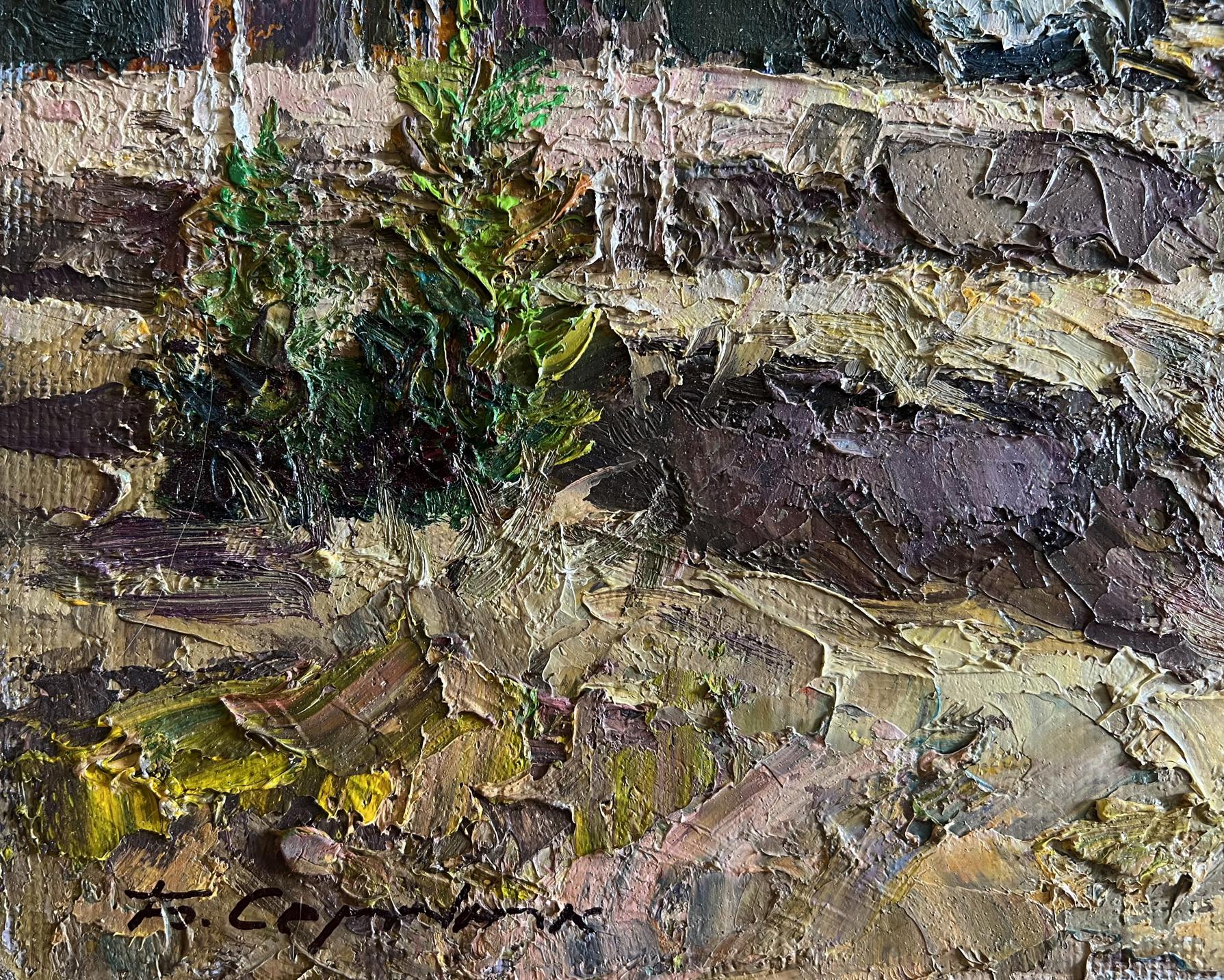 Oil painting Along the forest road by Boris Serdyuk: vibrant green bush on earthy tones