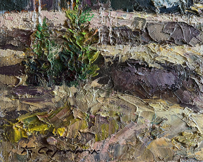 Oil painting Along the forest road by Boris Serdyuk: vibrant green bush on earthy tones