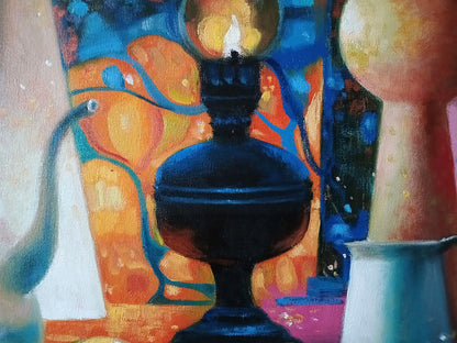 Oil painting of Anatoly Tarabanovs lamps and apples on table with glowing lamp
