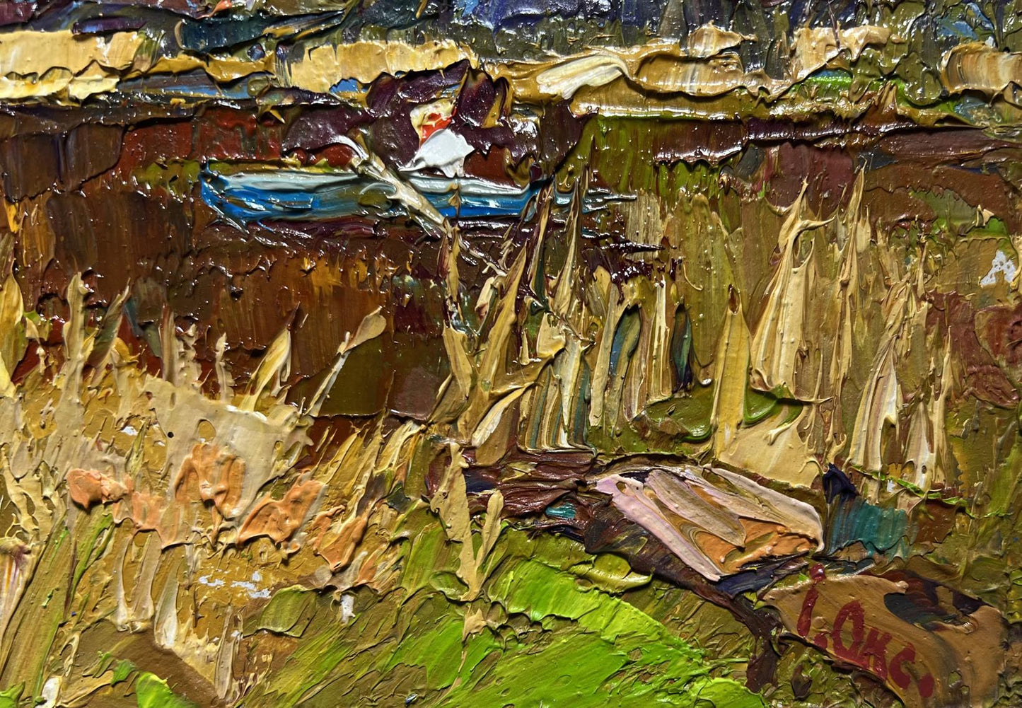 Oil painting Going fishing after the rain by Oksana Ivanyuk blue boat