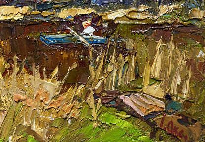 Oil painting Going fishing after the rain by Oksana Ivanyuk blue boat