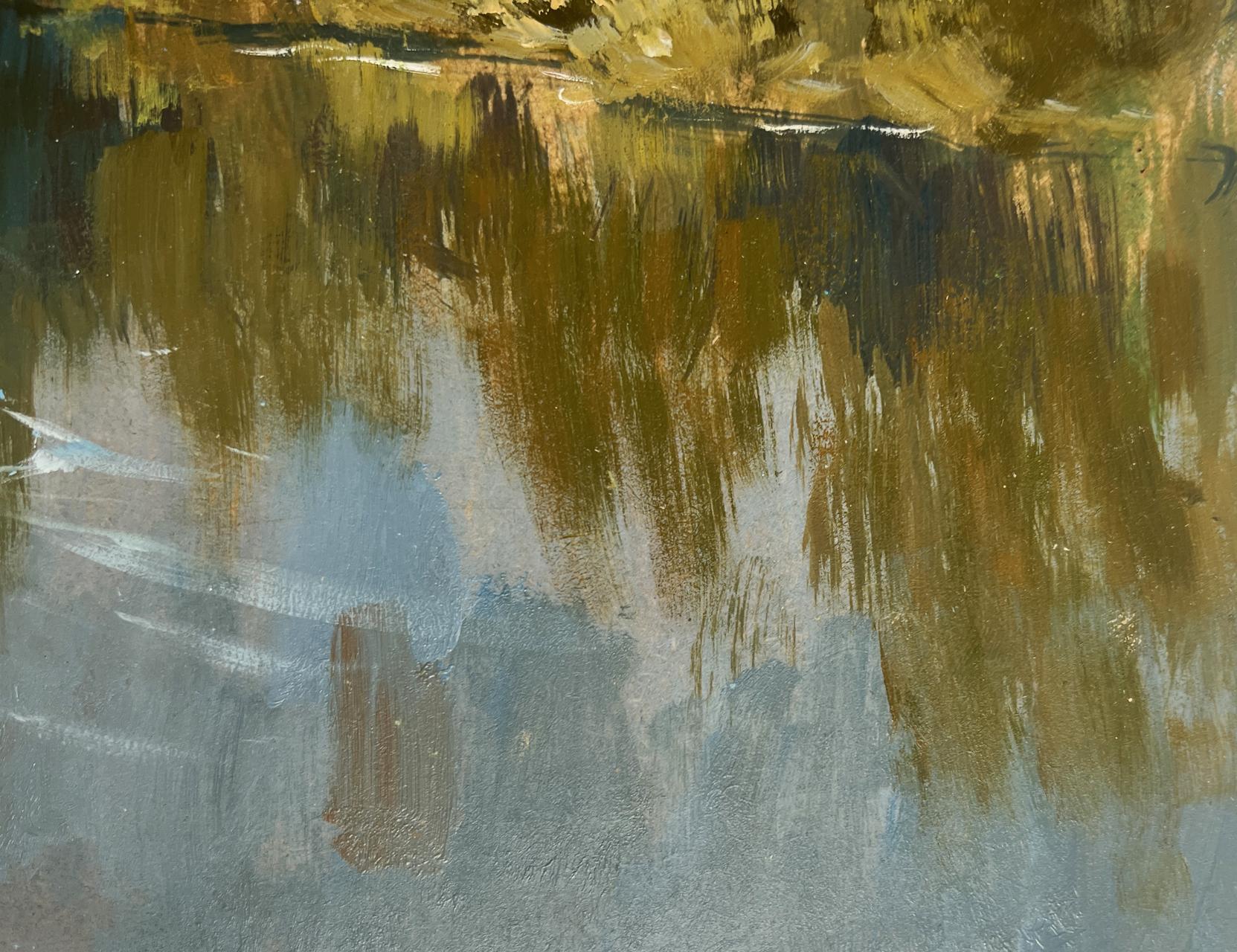 Oil painting Ferry on a long river by Yuriy Suprunchuk with earthy textured brushstrokes