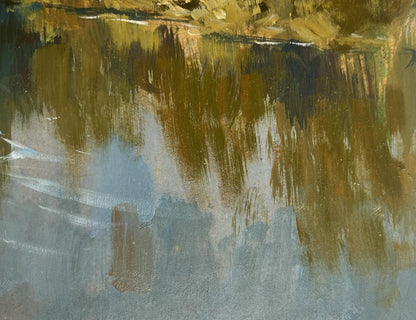 Oil painting Ferry on a long river by Yuriy Suprunchuk with earthy textured brushstrokes
