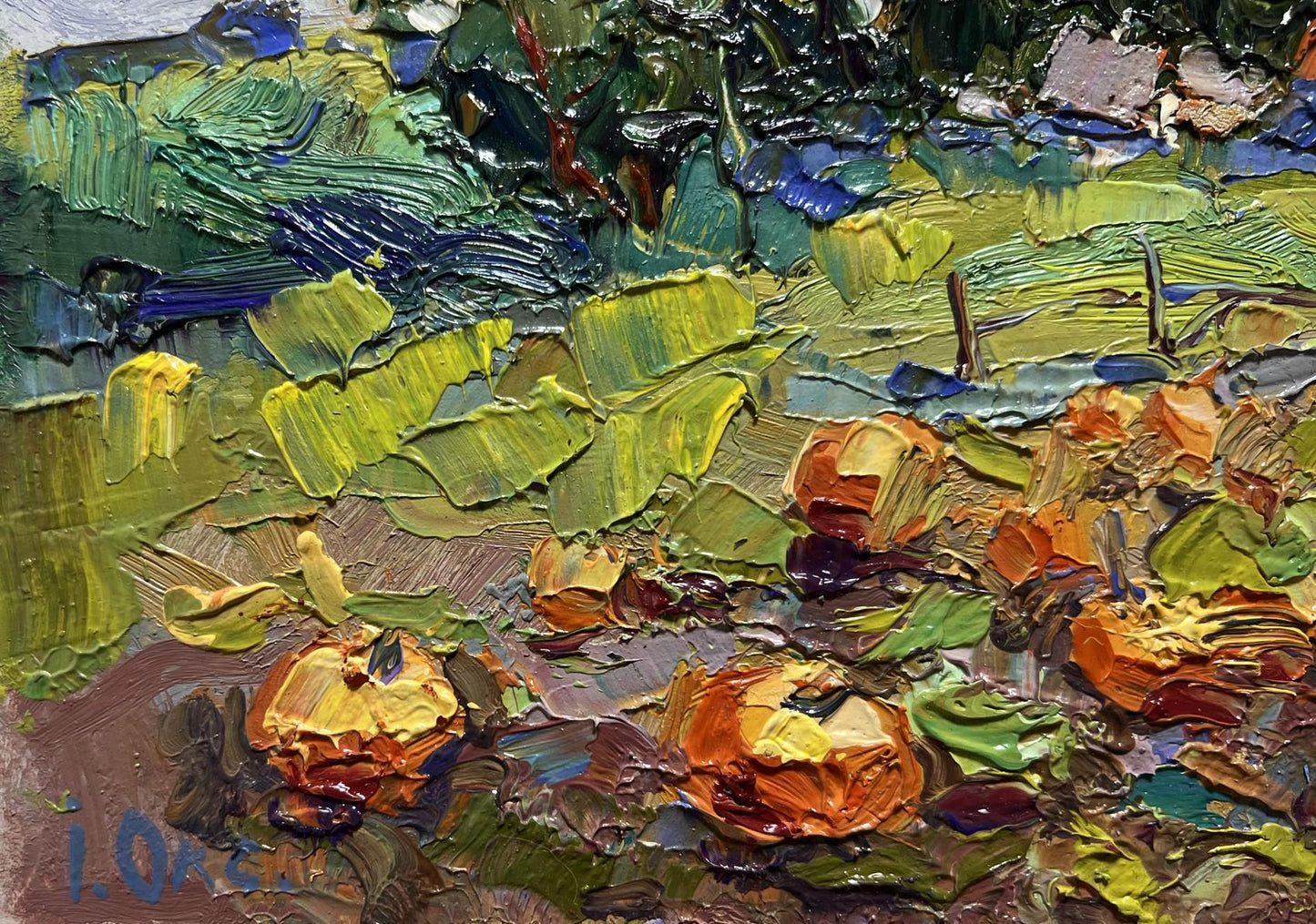 Vibrant impressionist oil painting of pumpkins in autumn garden by Oksana Ivanyuk