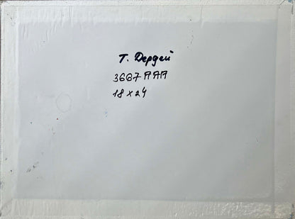 Back of Oil painting Snow storm in the mountains Tatyana Derdey with handwritten note