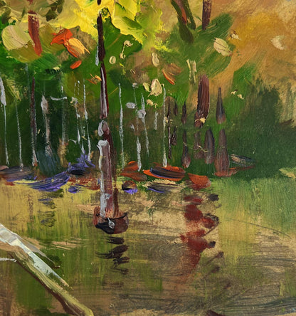 Vibrant impressionist oil painting of autumn leaves flying in forested waterway by Yuriy Suprunchuk