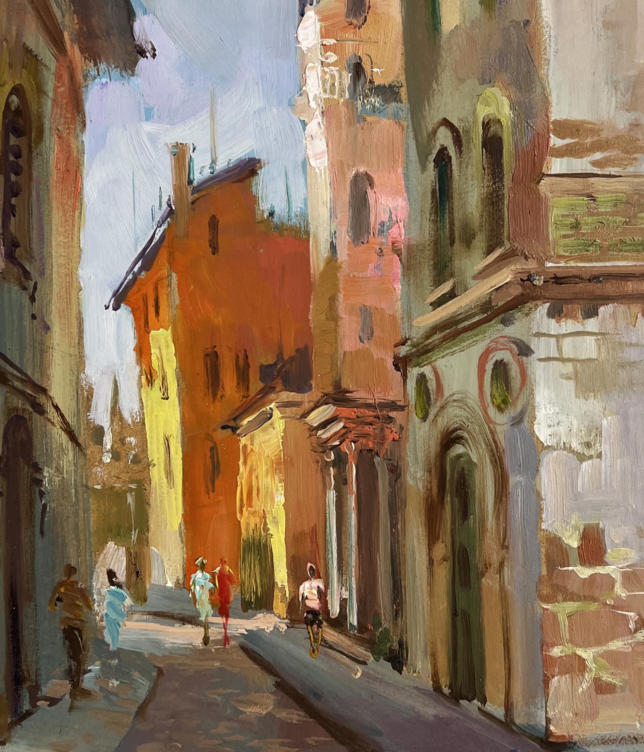 Warm-toned impressionistic oil painting of sunlit European alleyway by Yuriy Suprunchuk