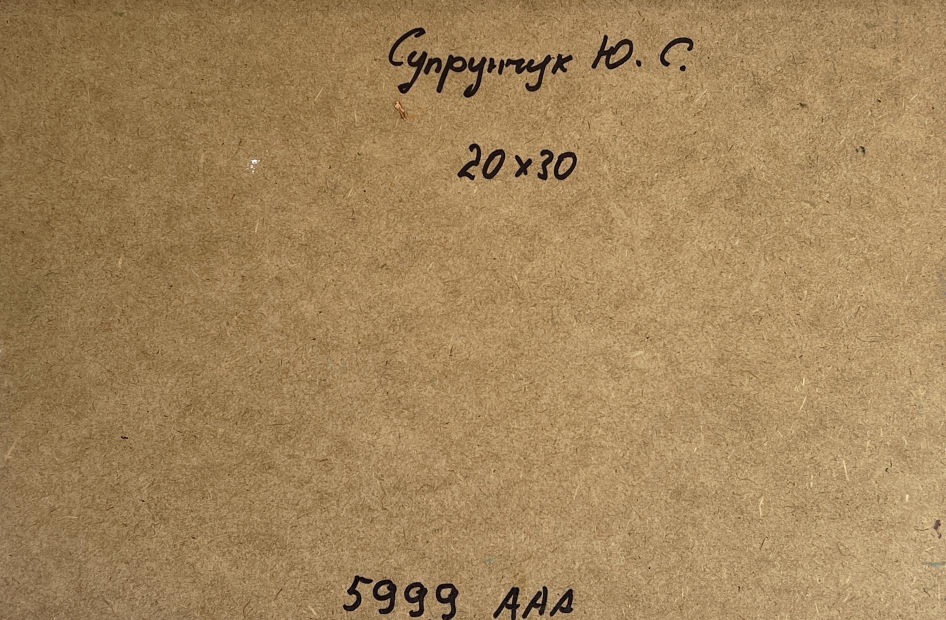 Back of Yuriy Suprunchuk oil painting Boats on the seashore with handwritten Cyrillic text and measurements on brown cardboard