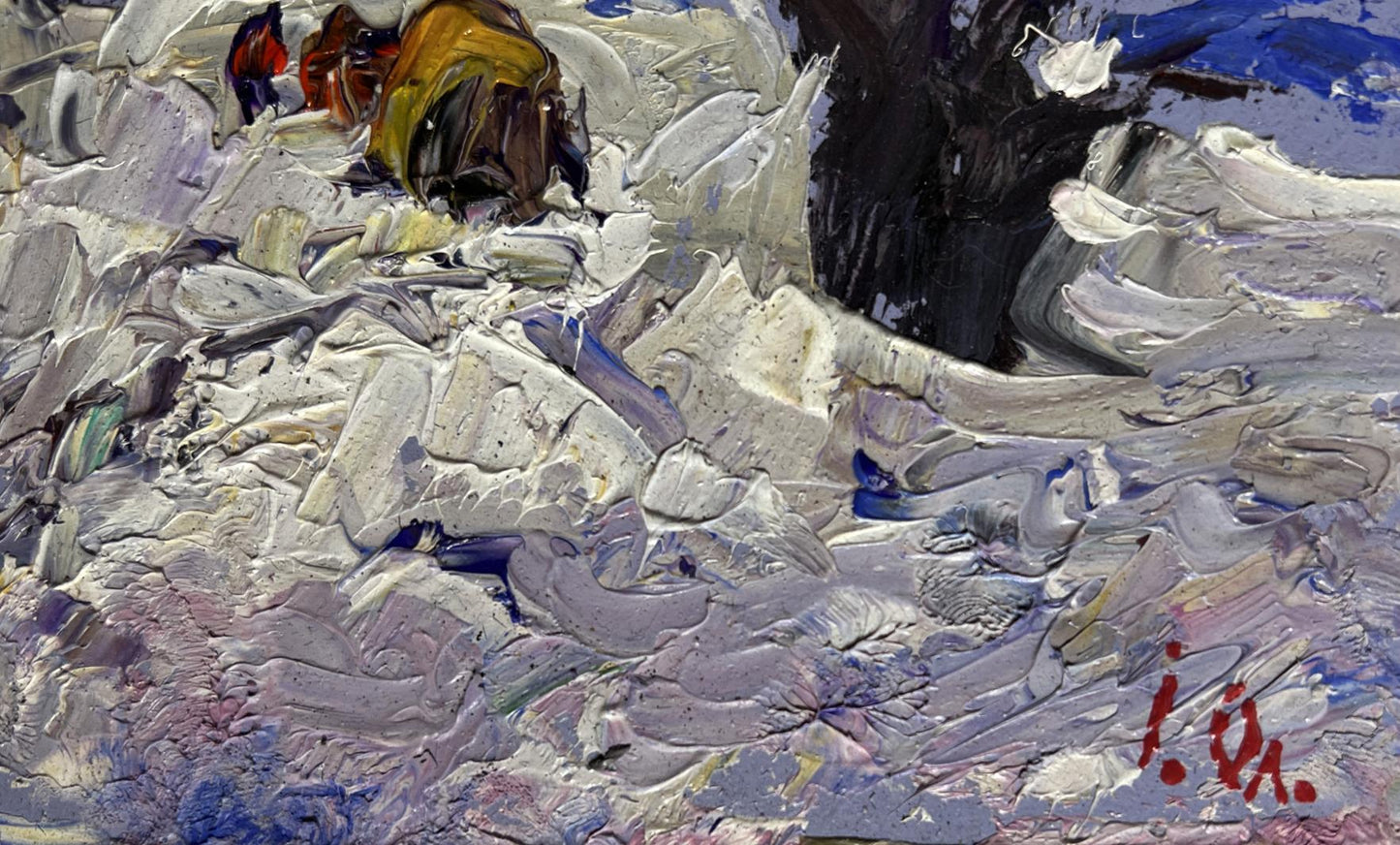 Oil painting Winter snowy road by Oleksiy Ivanyuk, textured white-gray snow