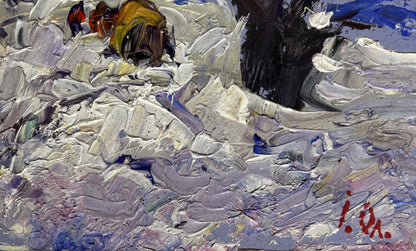 Oil painting Winter snowy road by Oleksiy Ivanyuk, textured white-gray snow