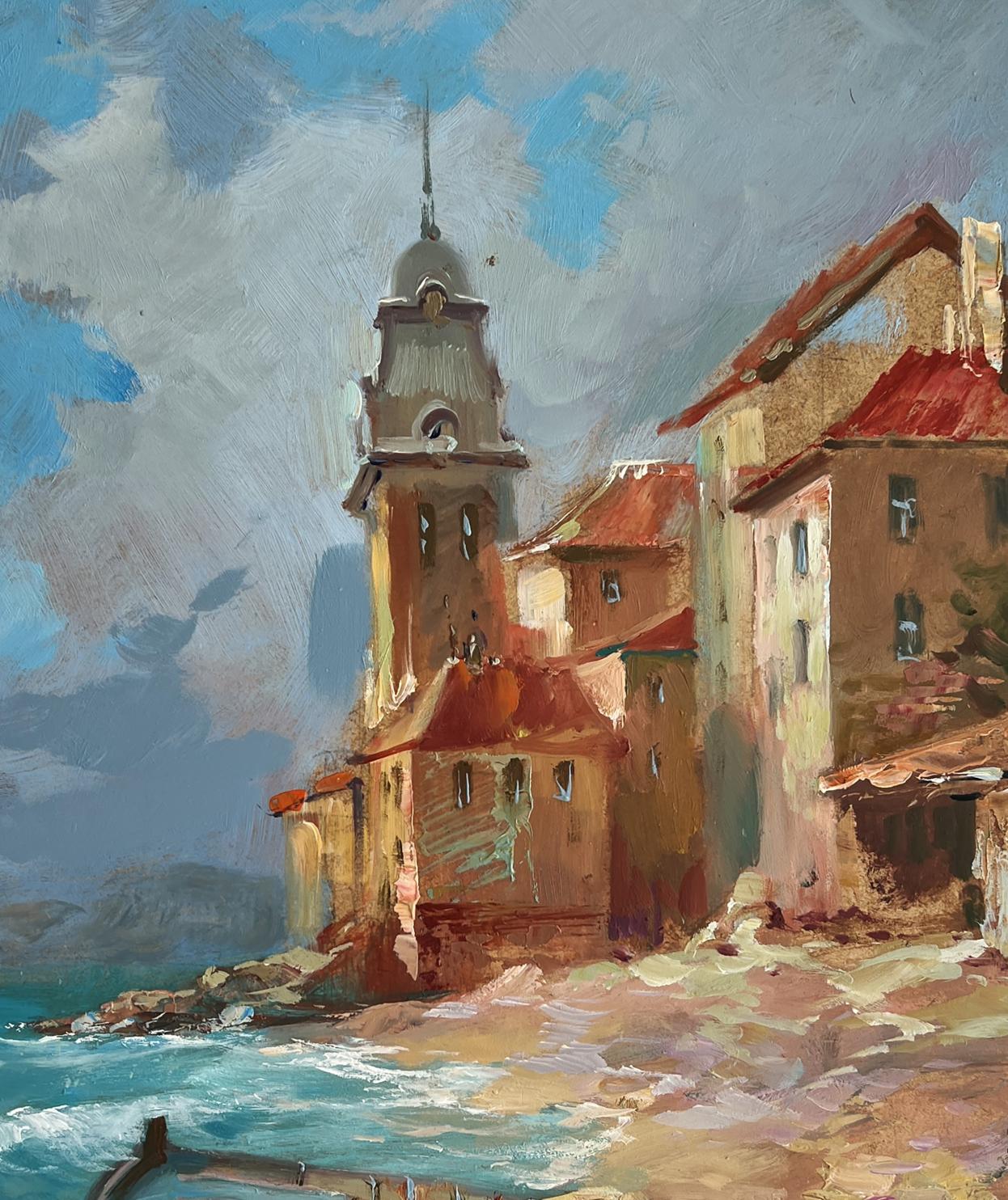 Oil painting of quiet pier near city by Yuriy Suprunchuk with stone tower