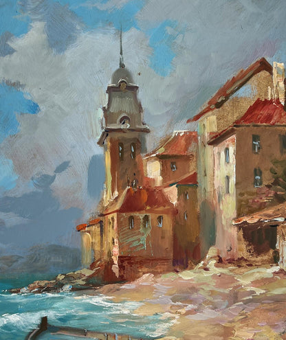 Oil painting of quiet pier near city by Yuriy Suprunchuk with stone tower