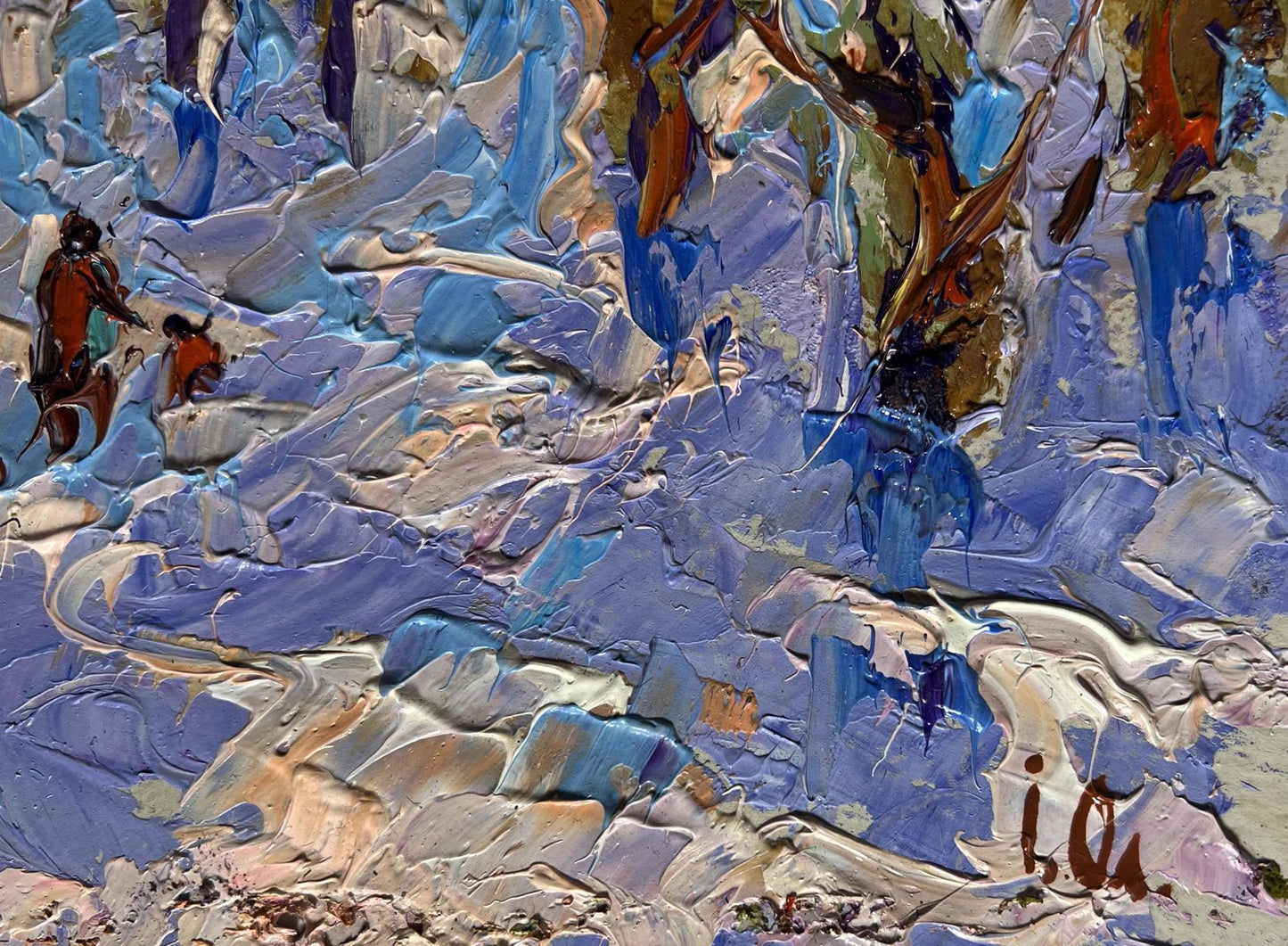 Oil painting In the winter forest park by Oleksiy Ivanyuk with blue purple brushstrokes