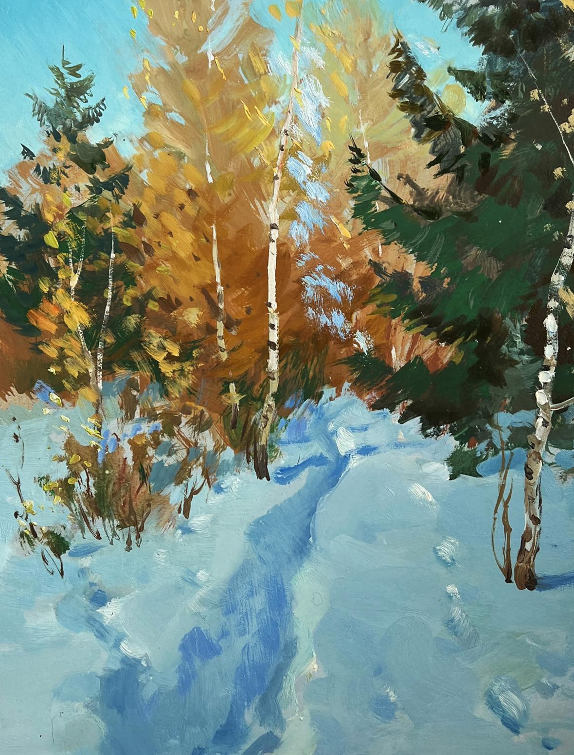 Oil painting Winter path in forest by Yuriy Suprunchuk, autumn birch trees on snow