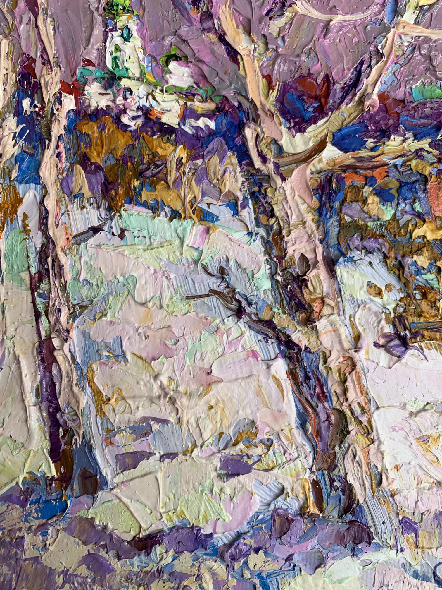 Oil painting The first snow fell by Oksana Ivanyuk textured tree in purples blues