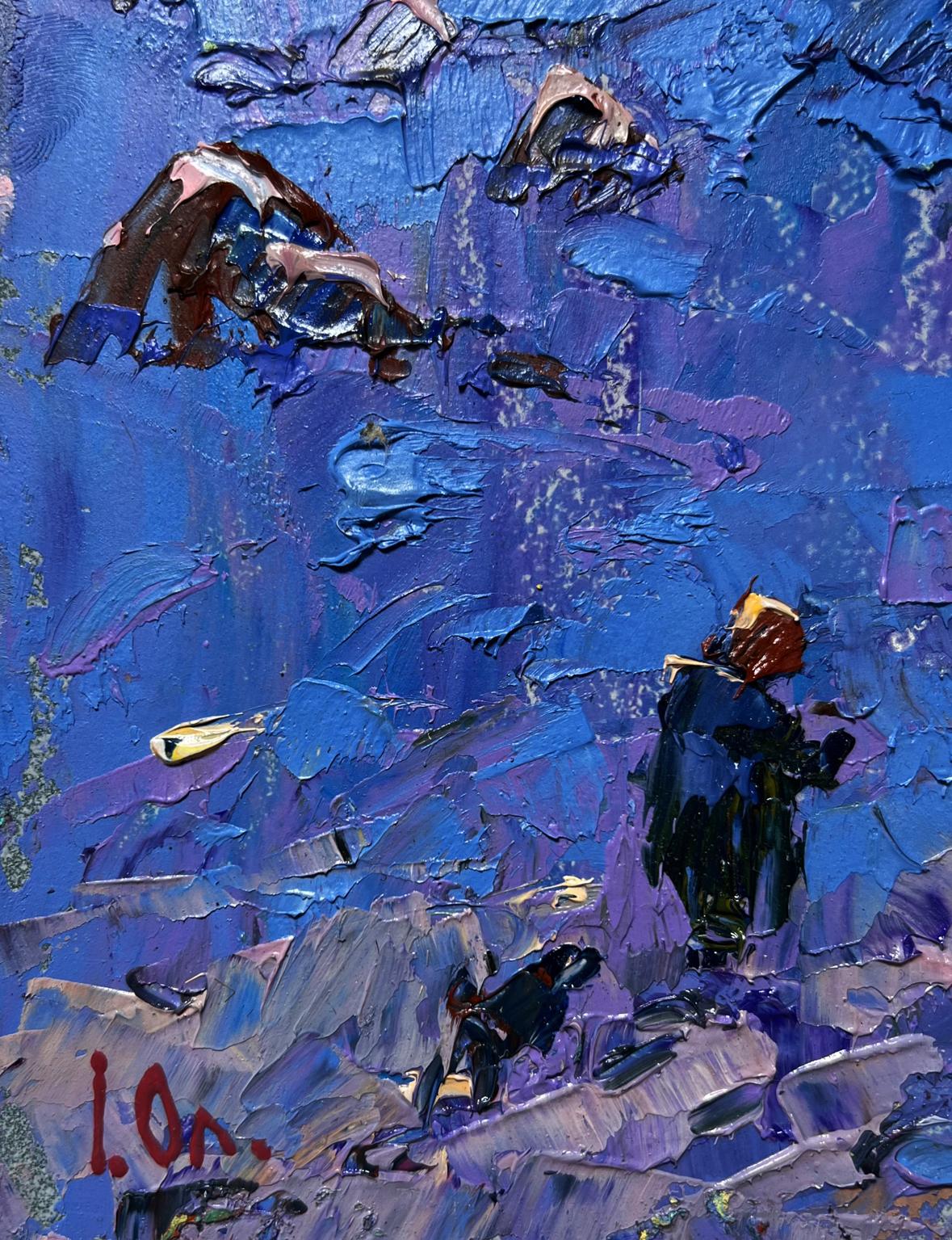 Oil painting Frosty winter evening by Oleksiy Ivanyuk in blue purple impasto