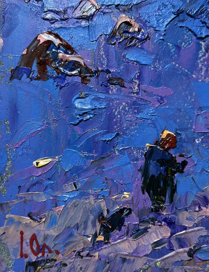 Oil painting Frosty winter evening by Oleksiy Ivanyuk in blue purple impasto