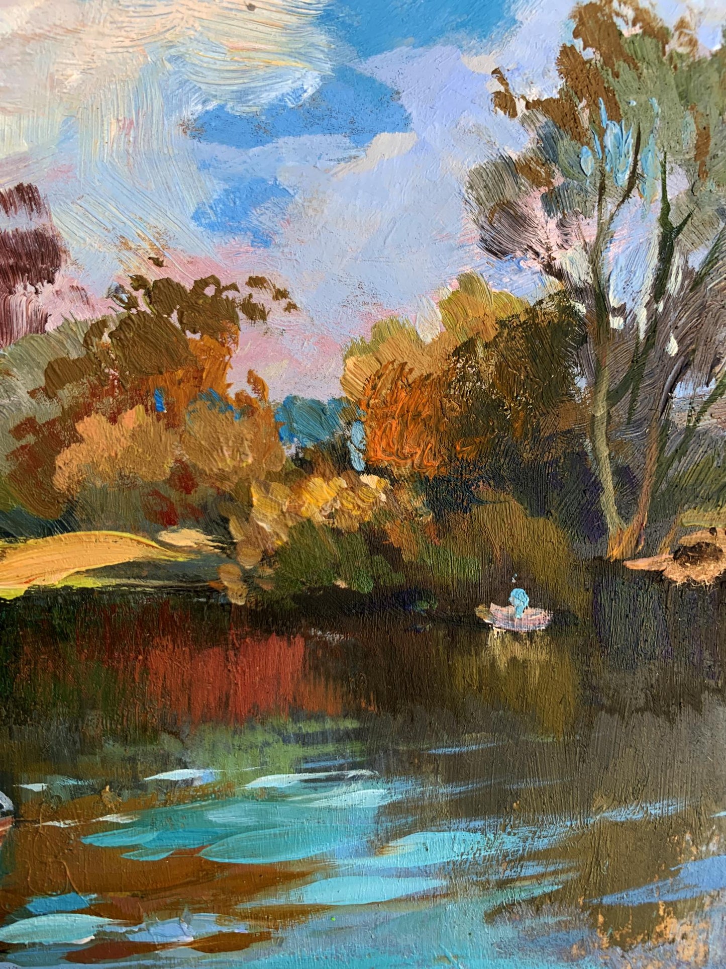 Oil painting of rowboat preparing for fishing by Yuriy Suprunchuk