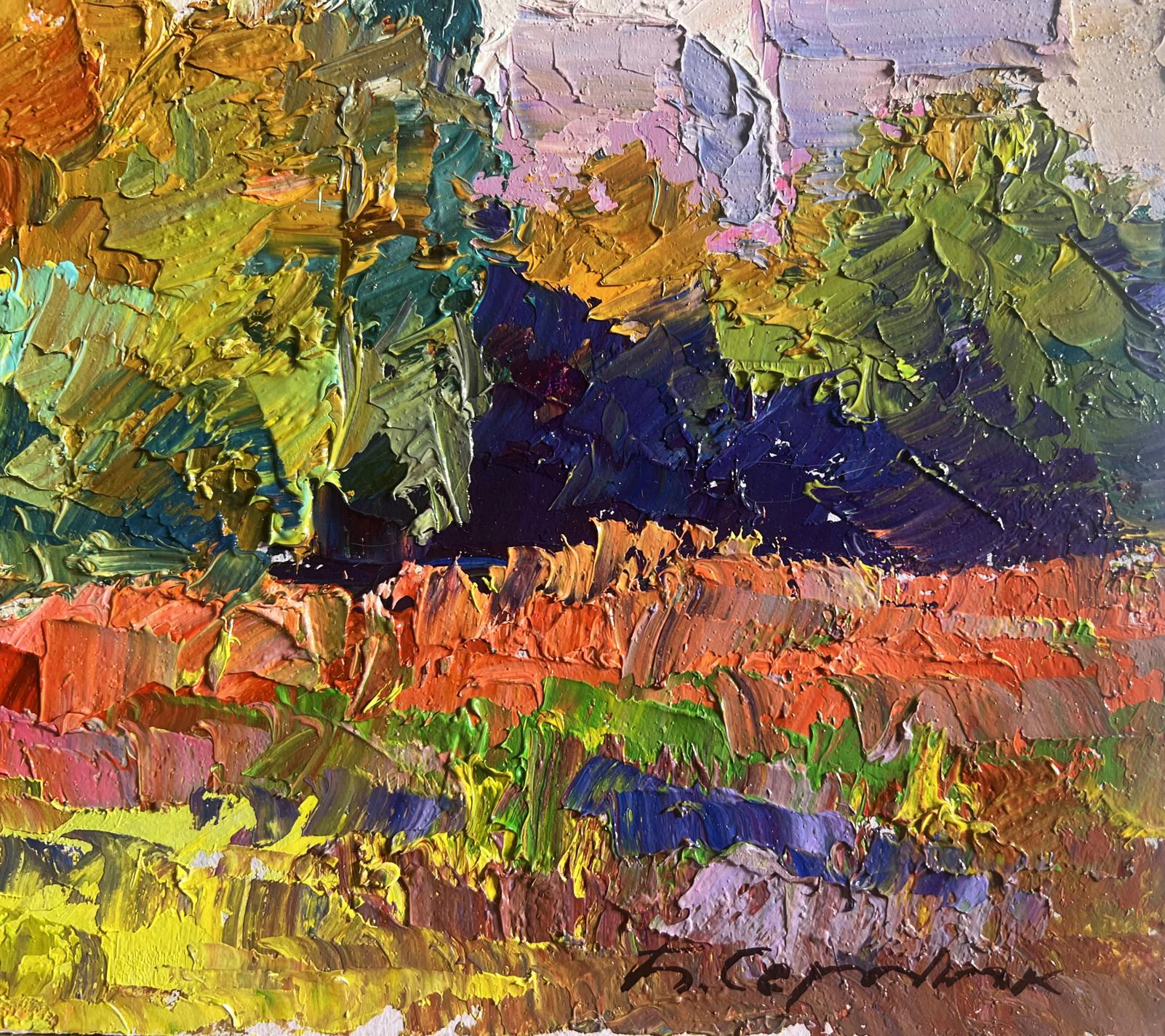 Vibrant impressionist oil painting of autumn meadows by Boris Serdyuk