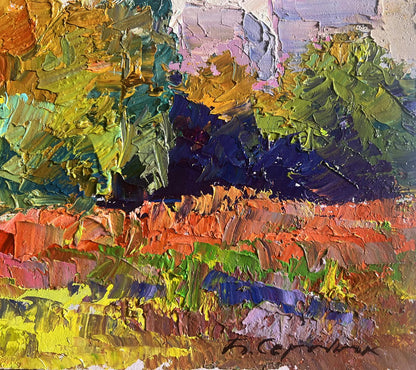 Vibrant impressionist oil painting of autumn meadows by Boris Serdyuk